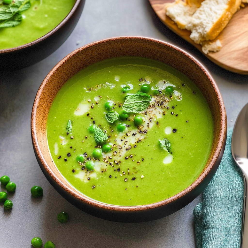 Recipe preparation for Creamy Pea and Mint Soup