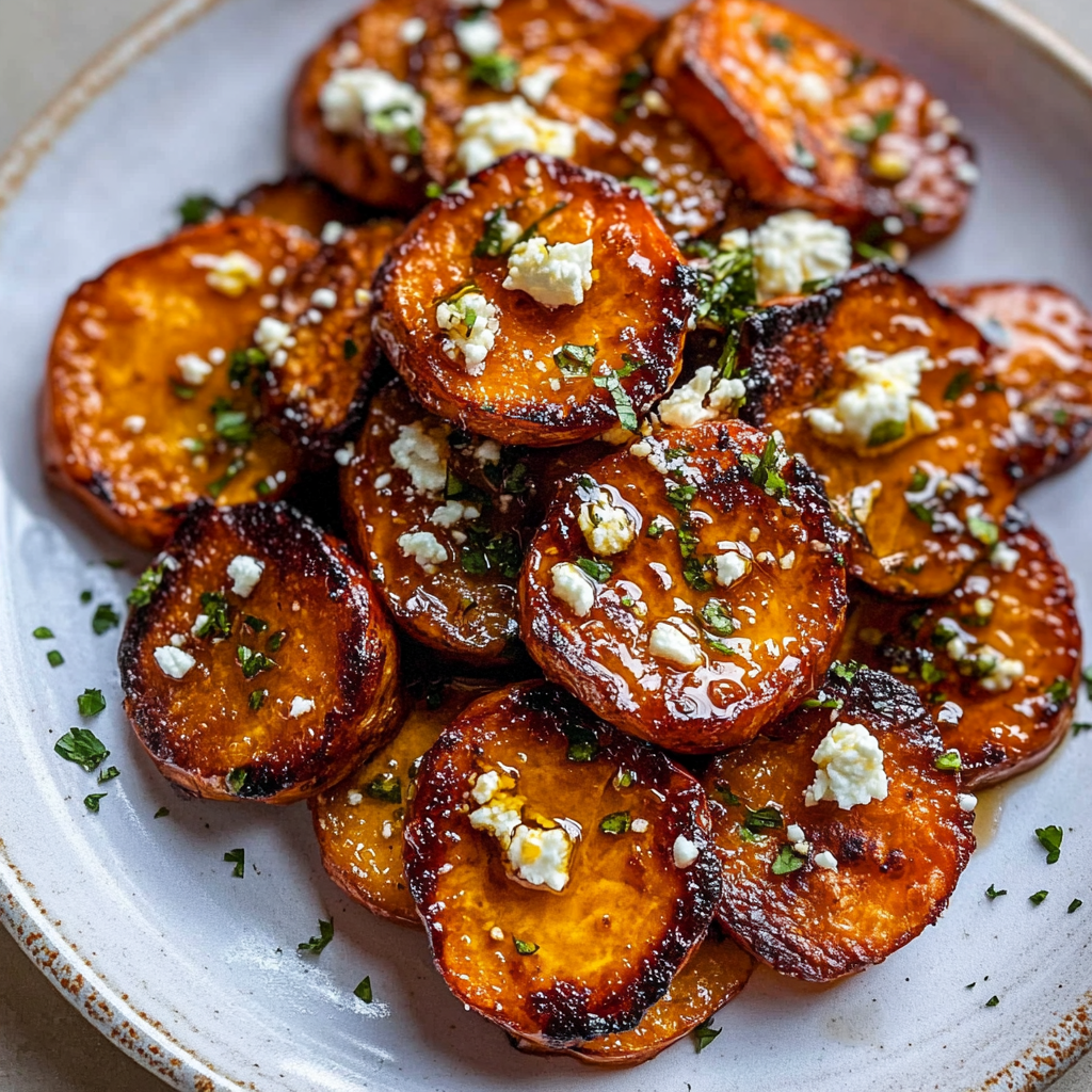 Recipe preparation for sweet potato rounds with honey and feta