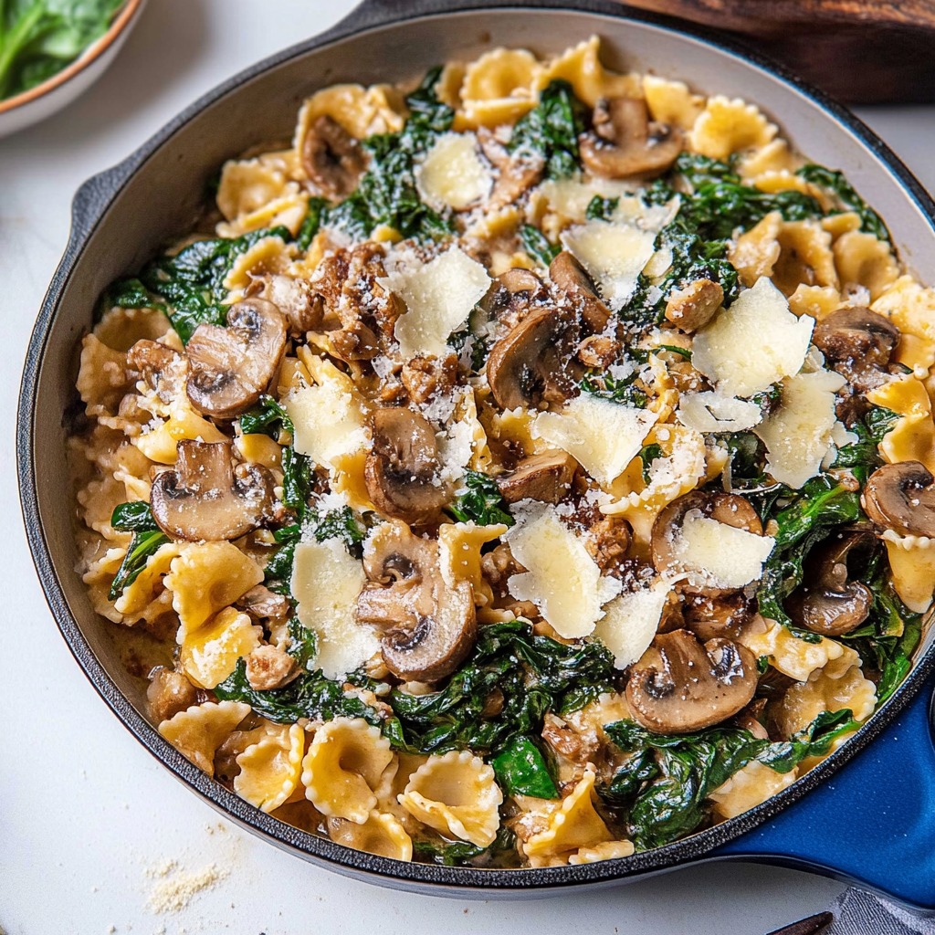 Recipe preparation for mushroom spinach pasta skillet