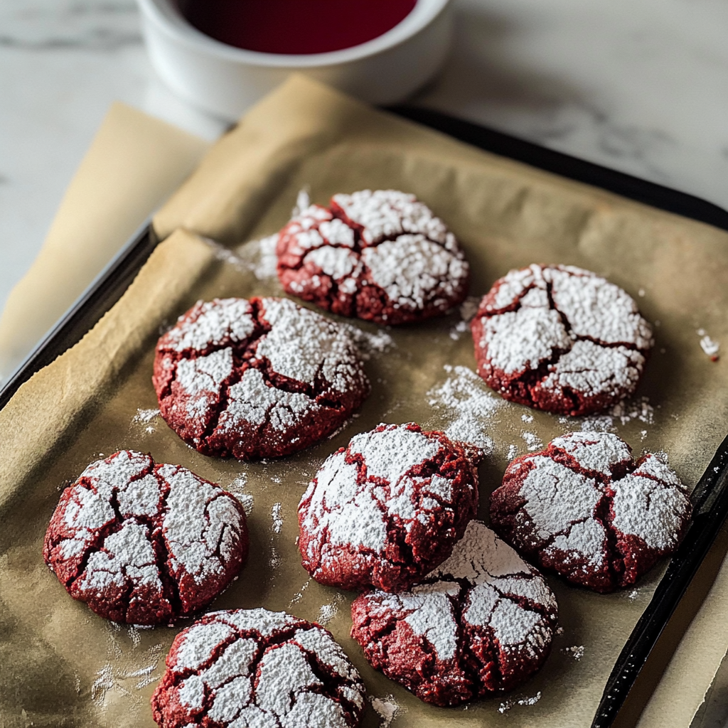 Recipe preparation for Red Velvet Crinkle Cookies