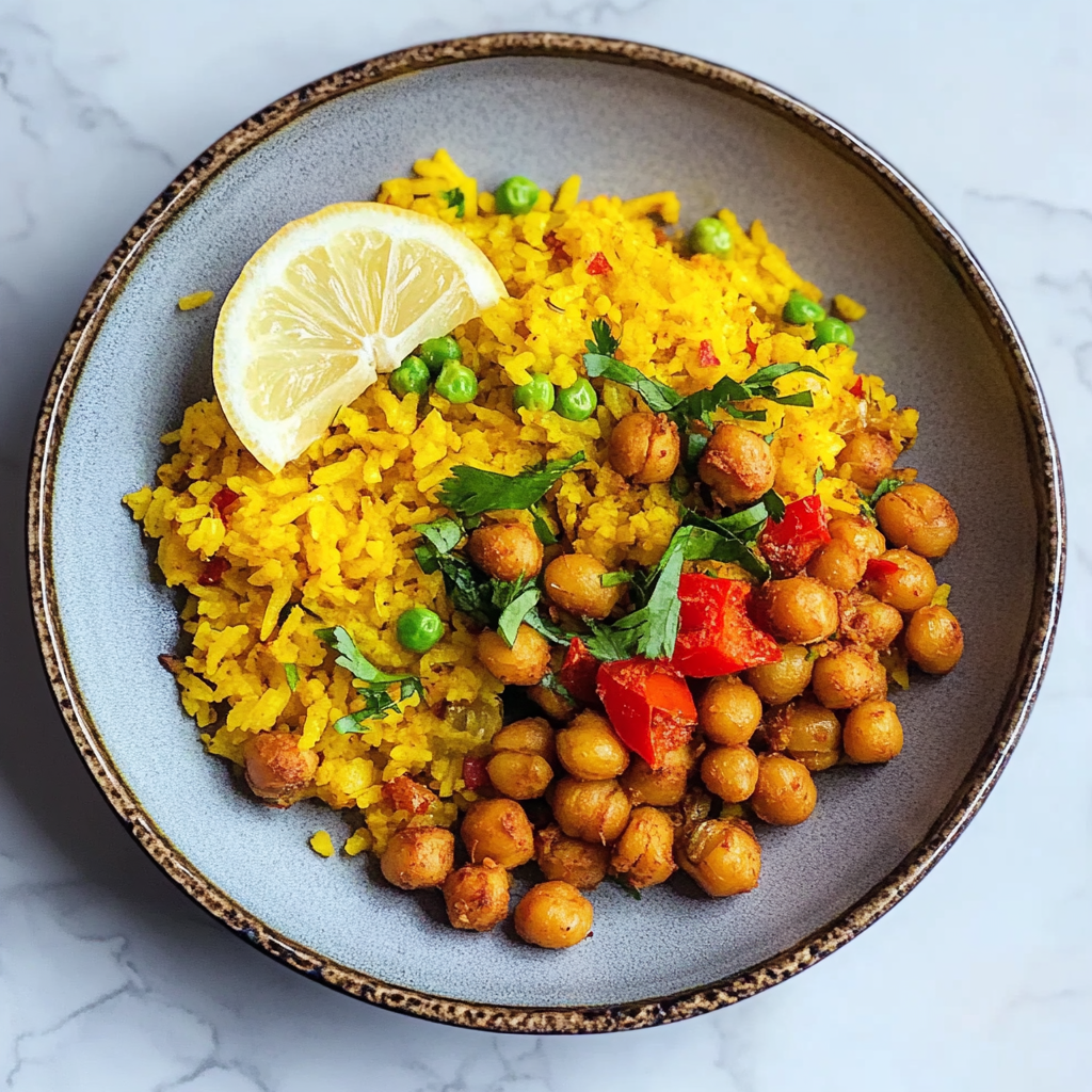 Recipe preparation for Turmeric Rice with Crispy Chickpeas
