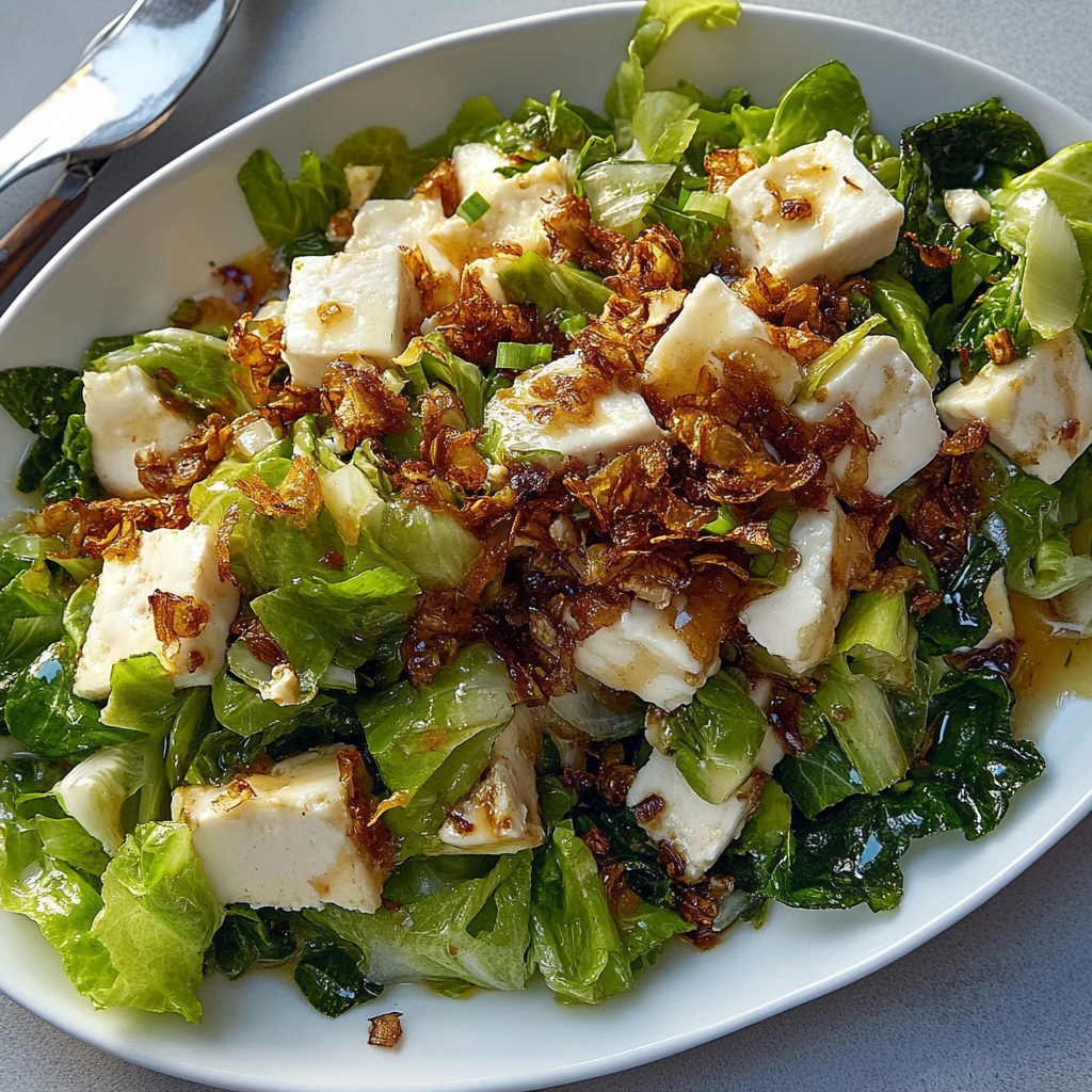 Recipe preparation for Silken Tofu With Crunchy Lettuce and Fried Shallots