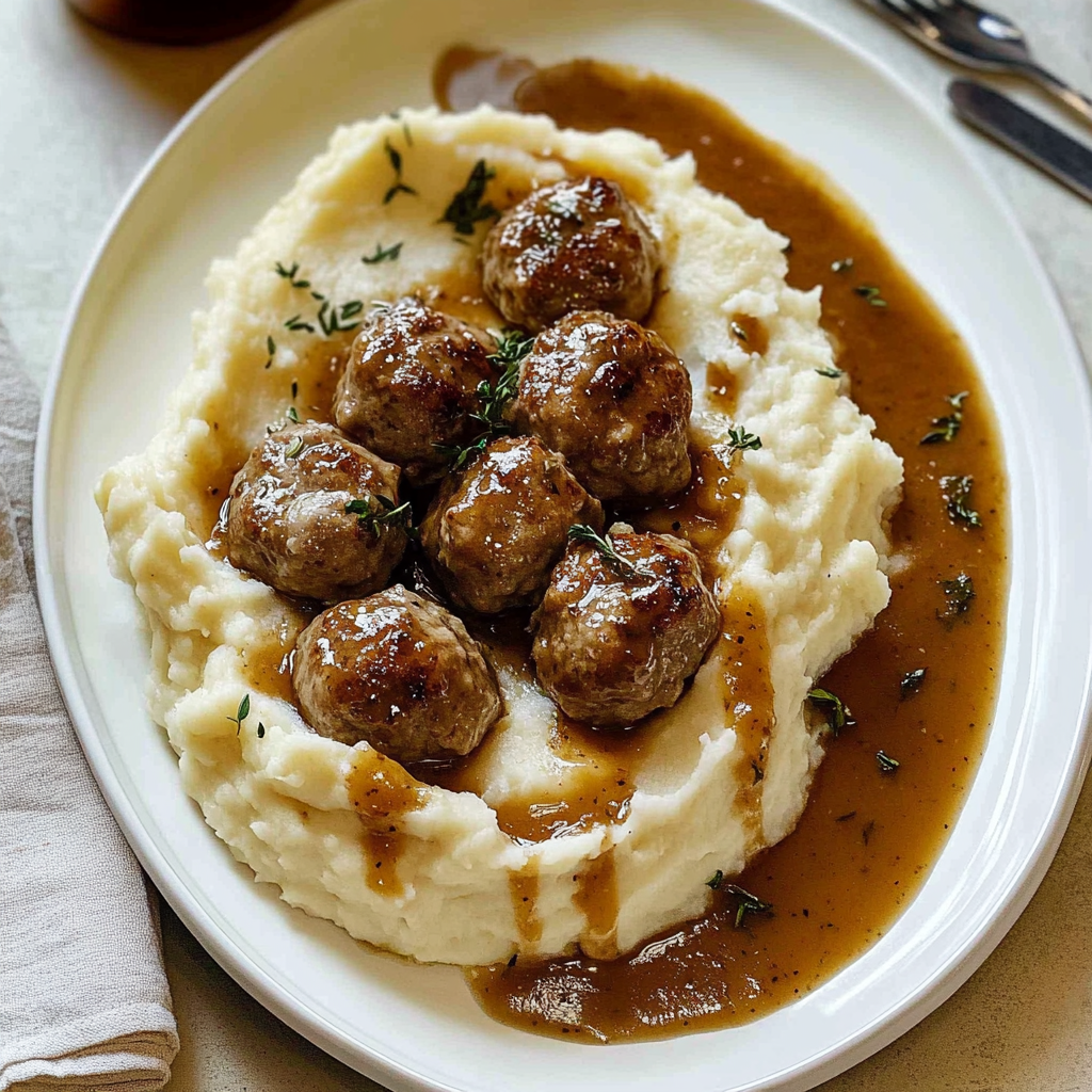 Recipe preparation for Salisbury Steak Meatballs with Garlic Herb Mashed Potatoes