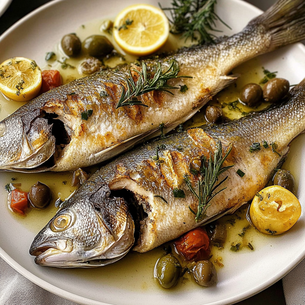 Recipe preparation for Sheet Pan Mediterranean Branzino with Olives & Capers