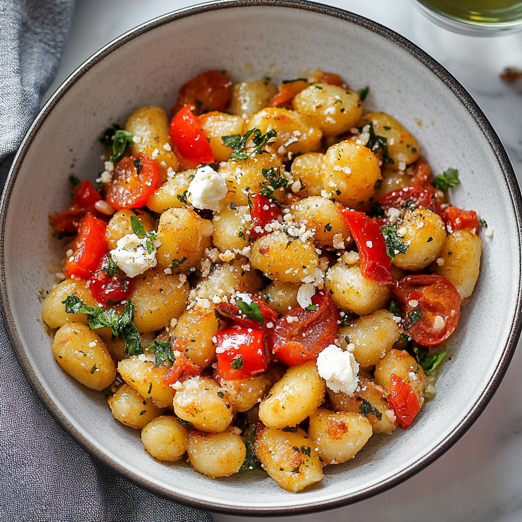 Recipe preparation for Sheet Pan Gnocchi with Roasted Red Peppers & Whipped Feta
