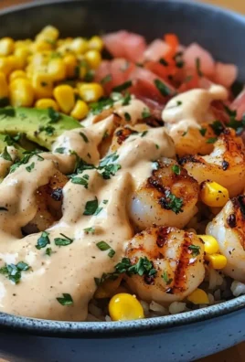 Grilled Shrimp Bowl with Avocado, Corn Salsa & Creamy Garlic Sauce