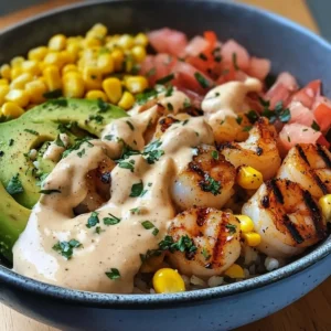 Grilled Shrimp Bowl with Avocado, Corn Salsa & Creamy Garlic Sauce