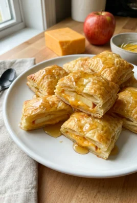 A close-up of golden brown pastry bites showing layers of apple and melted cheese.