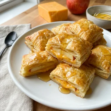 A close-up of golden brown pastry bites showing layers of apple and melted cheese.