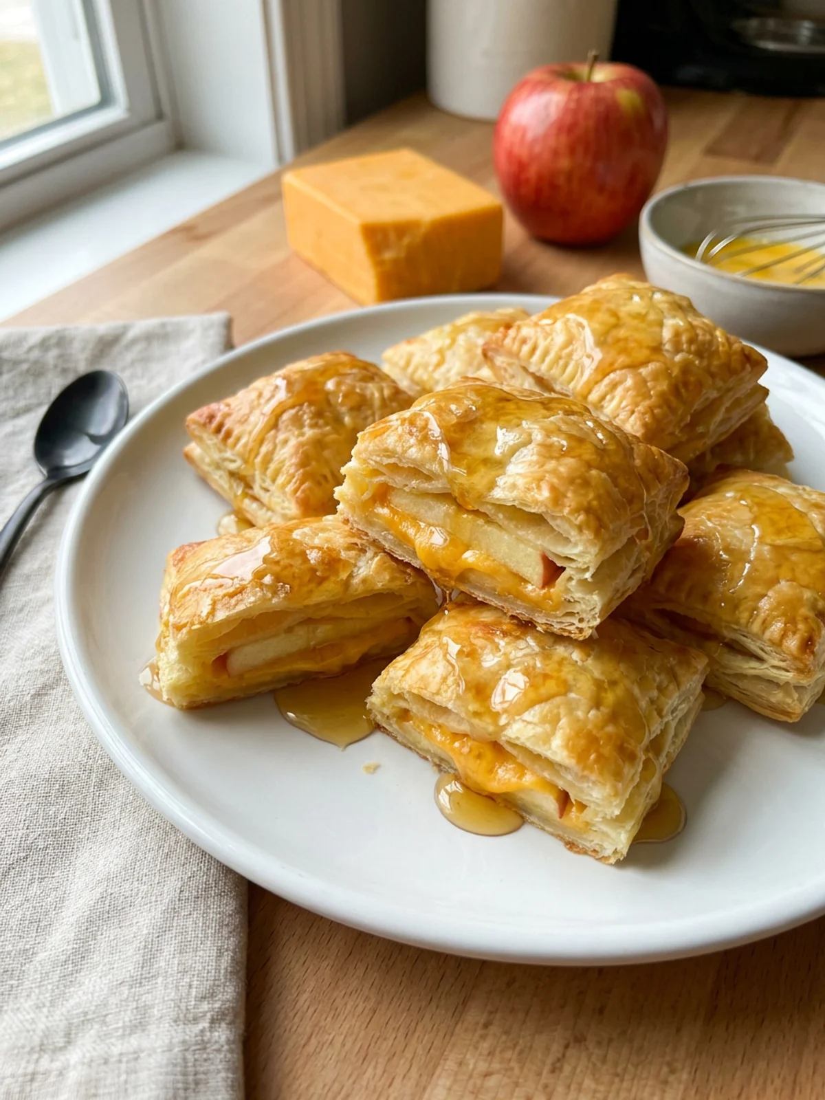 A close-up of golden brown pastry bites showing layers of apple and melted cheese.