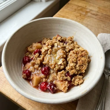 A single serving of apple cranberry crisp topped with a scoop of melting vanilla ice cream.