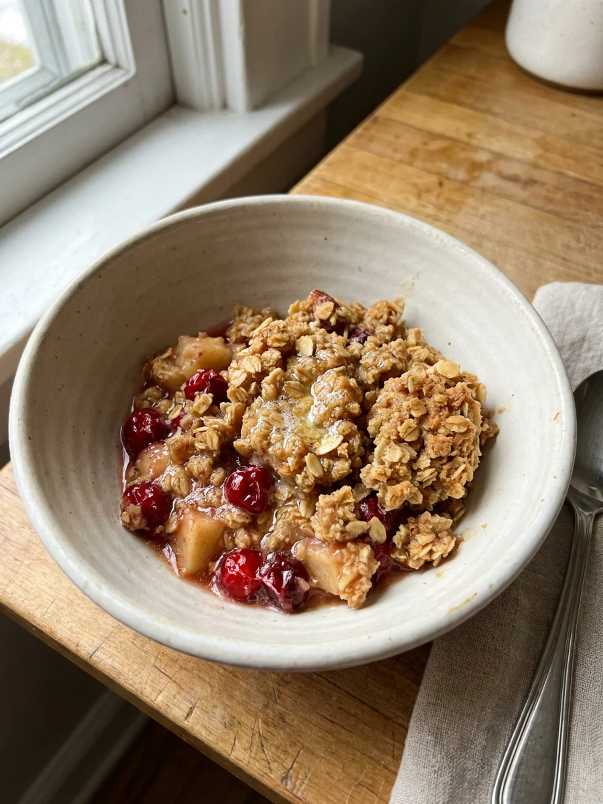 A single serving of apple cranberry crisp topped with a scoop of melting vanilla ice cream.