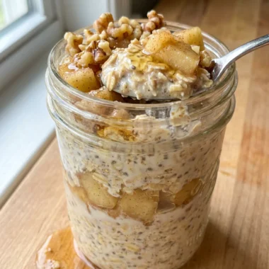 Close-up of overnight oats topped with apples, yogurt, walnuts, and honey.
