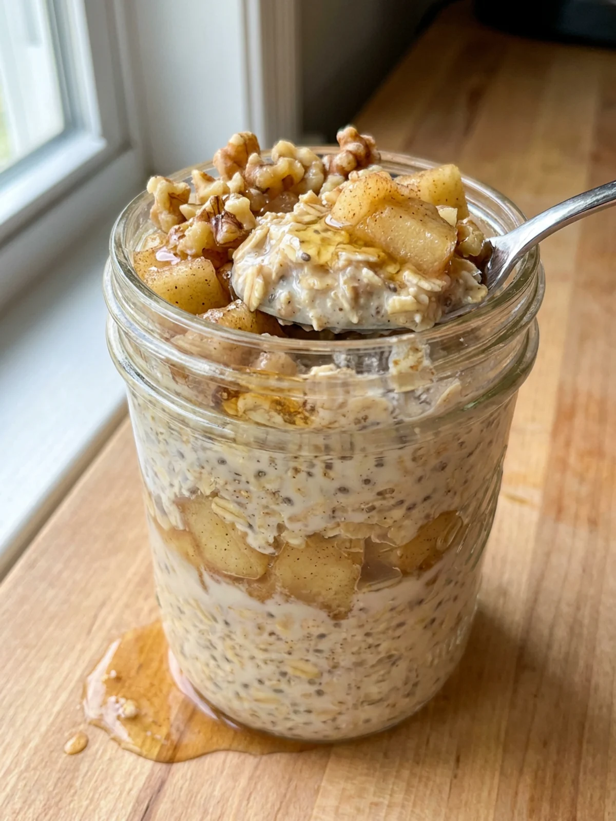 Close-up of overnight oats topped with apples, yogurt, walnuts, and honey.