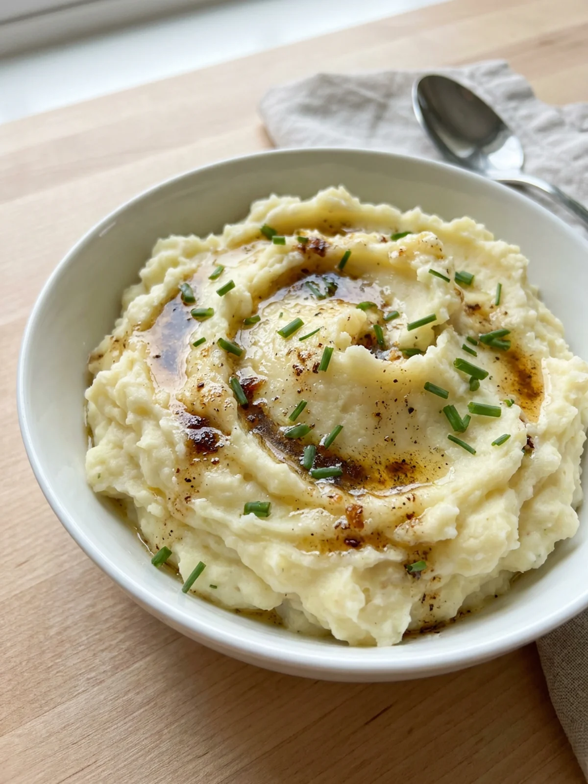 Overhead view of ingredients on a wooden board: potatoes, butter, garlic, and milk.