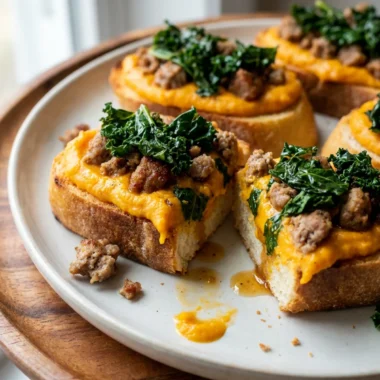 A close-up shot of a single butternut squash crostini showing all the layers.