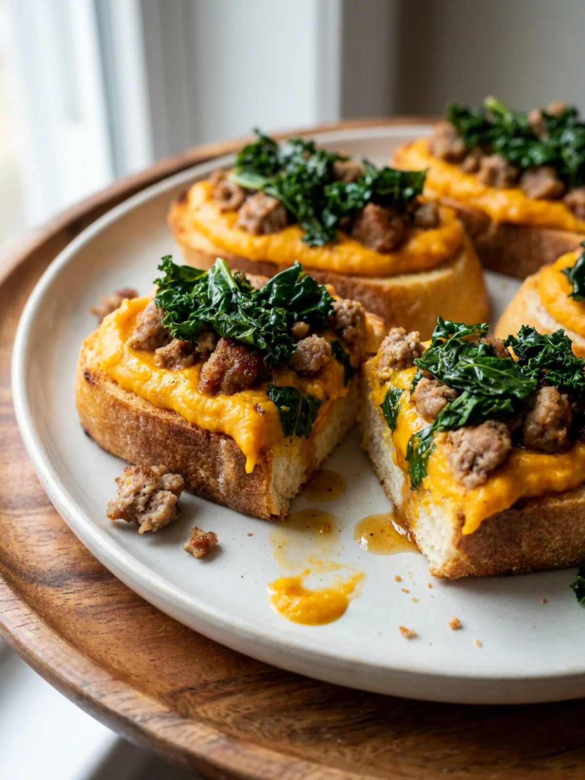 A close-up shot of a single butternut squash crostini showing all the layers.