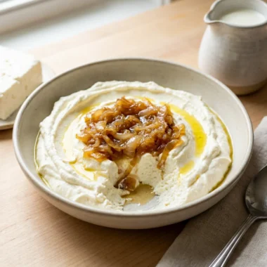 Close up of creamy whipped feta dip in a rustic bowl with pita bread.