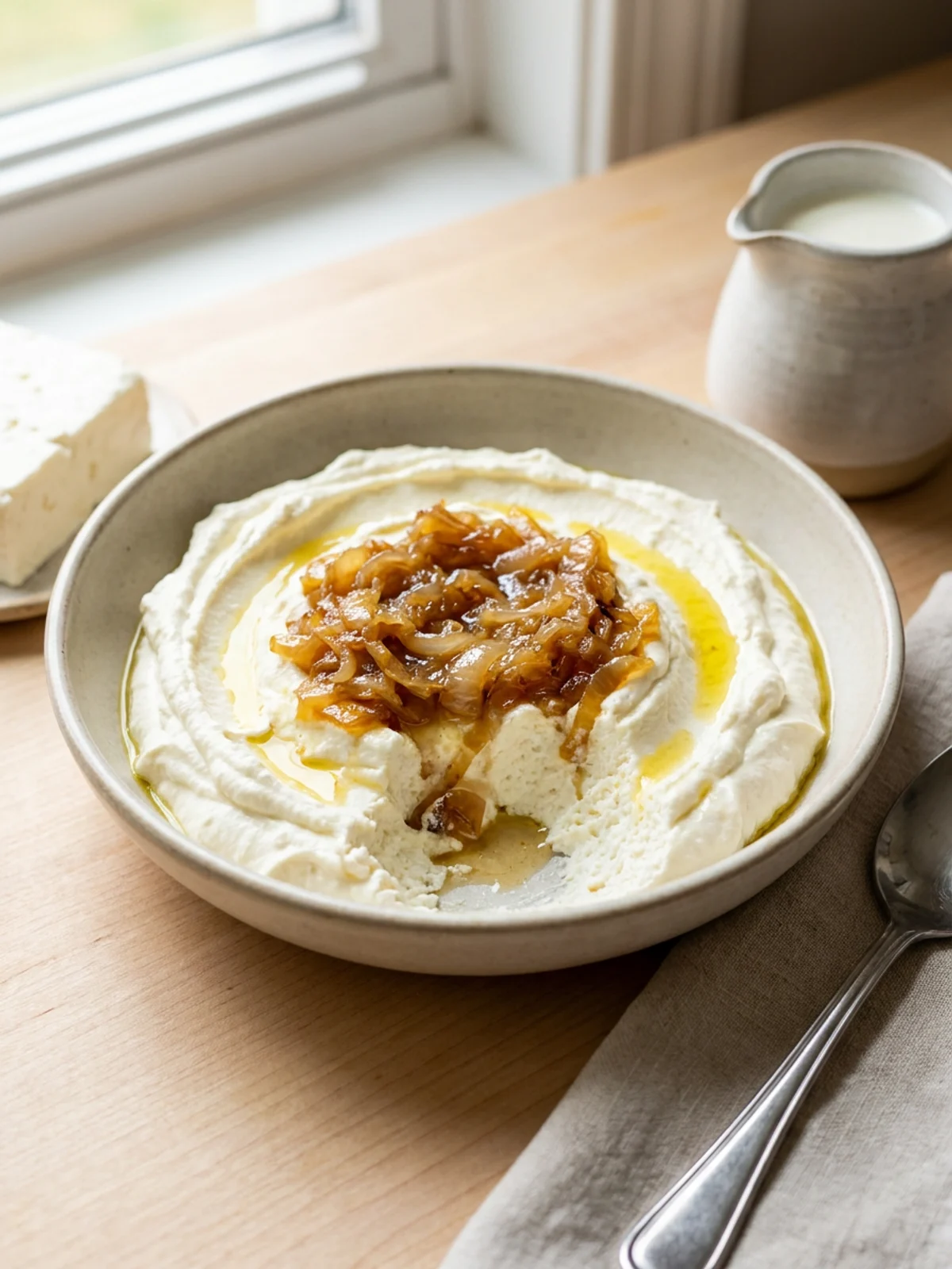 Close up of creamy whipped feta dip in a rustic bowl with pita bread.
