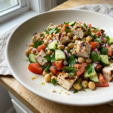 Overhead view of chicken and chickpea salad with visible chunks of tomato and cucumber.