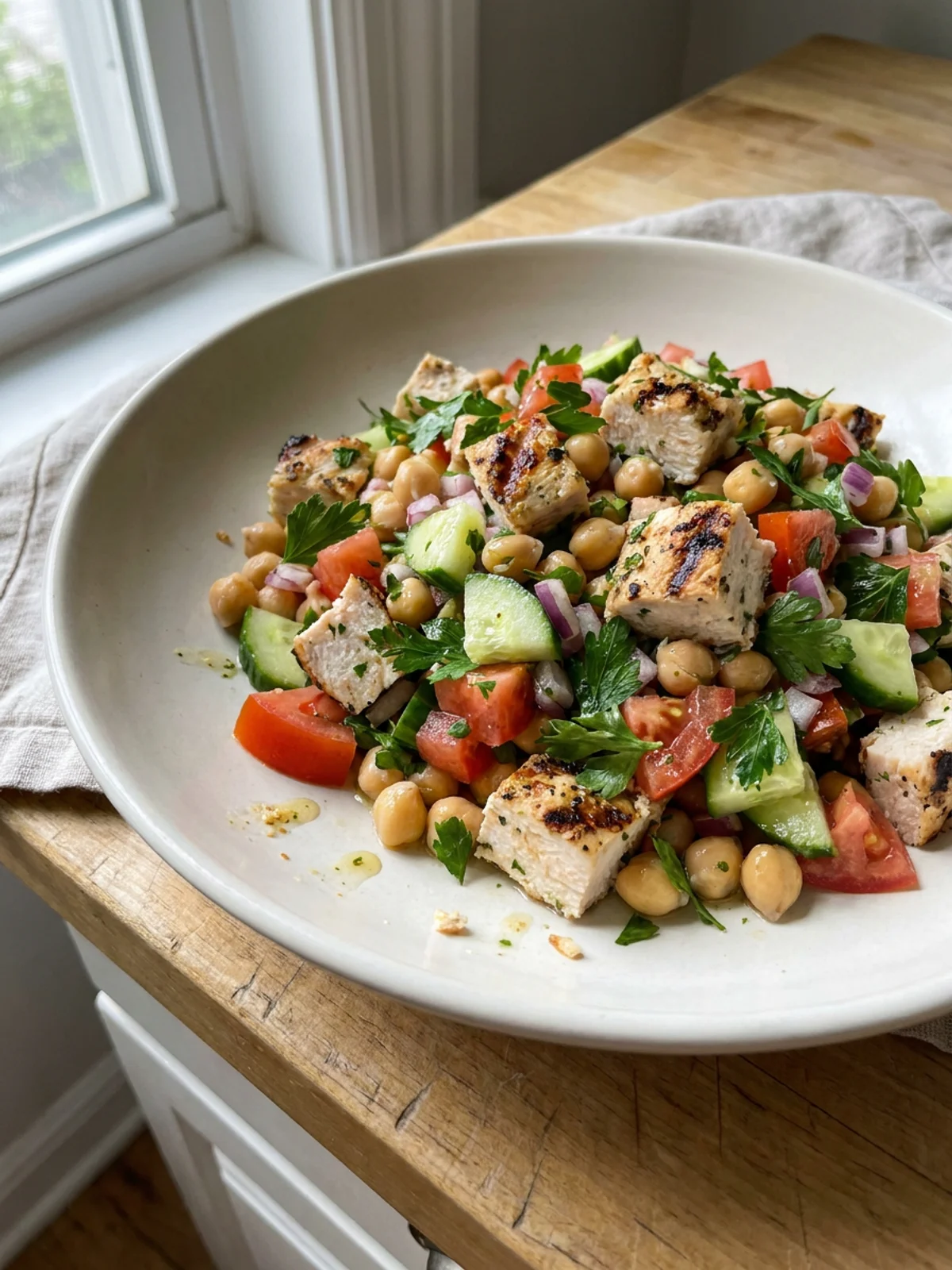 Overhead view of chicken and chickpea salad with visible chunks of tomato and cucumber.