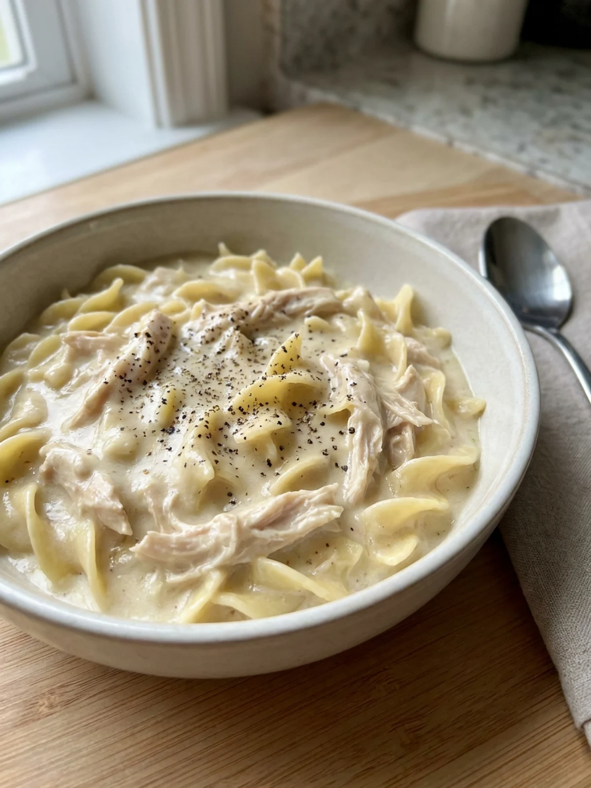A close-up of a white bowl filled with creamy chicken and wide egg noodles.