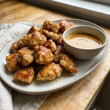 A close-up of cooked chicken bites on a white plate with parsley garnish.