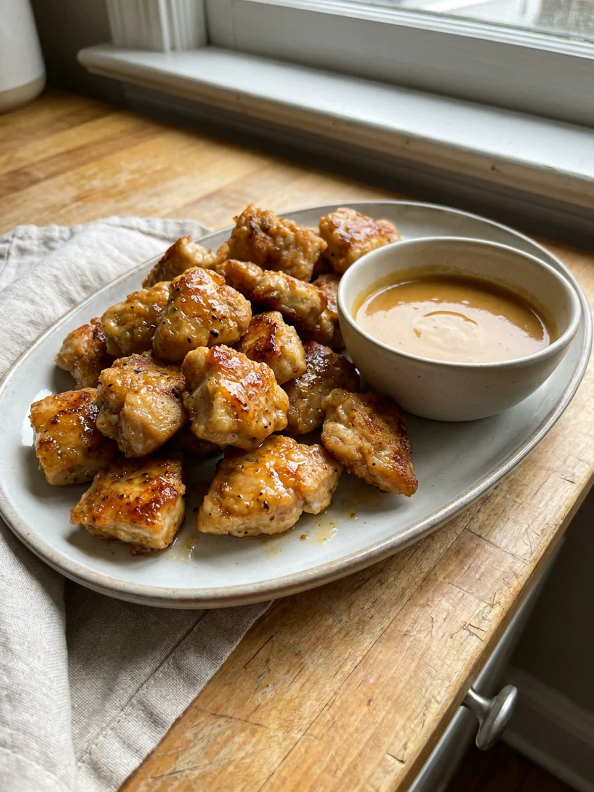 A close-up of cooked chicken bites on a white plate with parsley garnish.