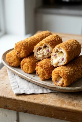 A close-up of crispy fried chicken bread rolls, with one cut to show the filling.
