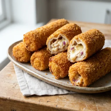 A close-up of crispy fried chicken bread rolls, with one cut to show the filling.