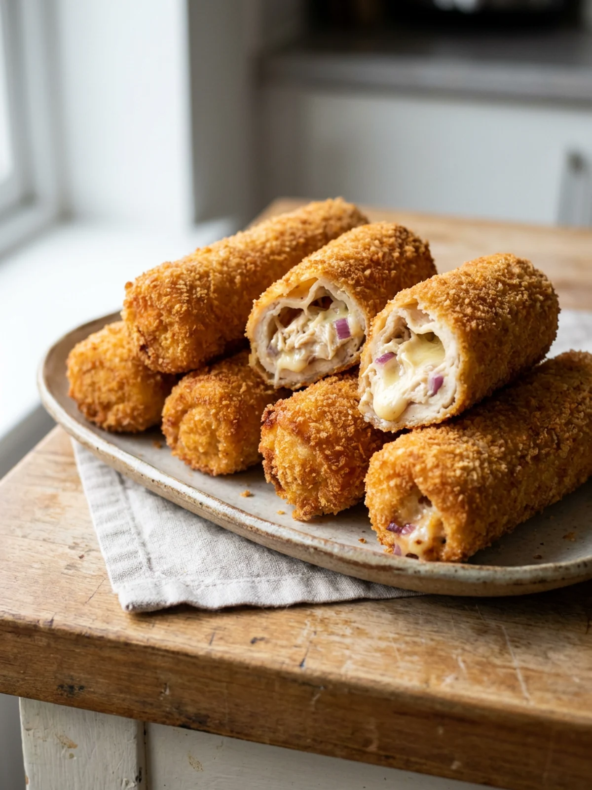 A close-up of crispy fried chicken bread rolls, with one cut to show the filling.