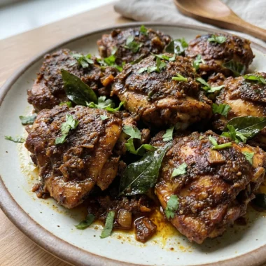 A close-up of chicken chukka in a white ceramic bowl, garnished with cilantro.