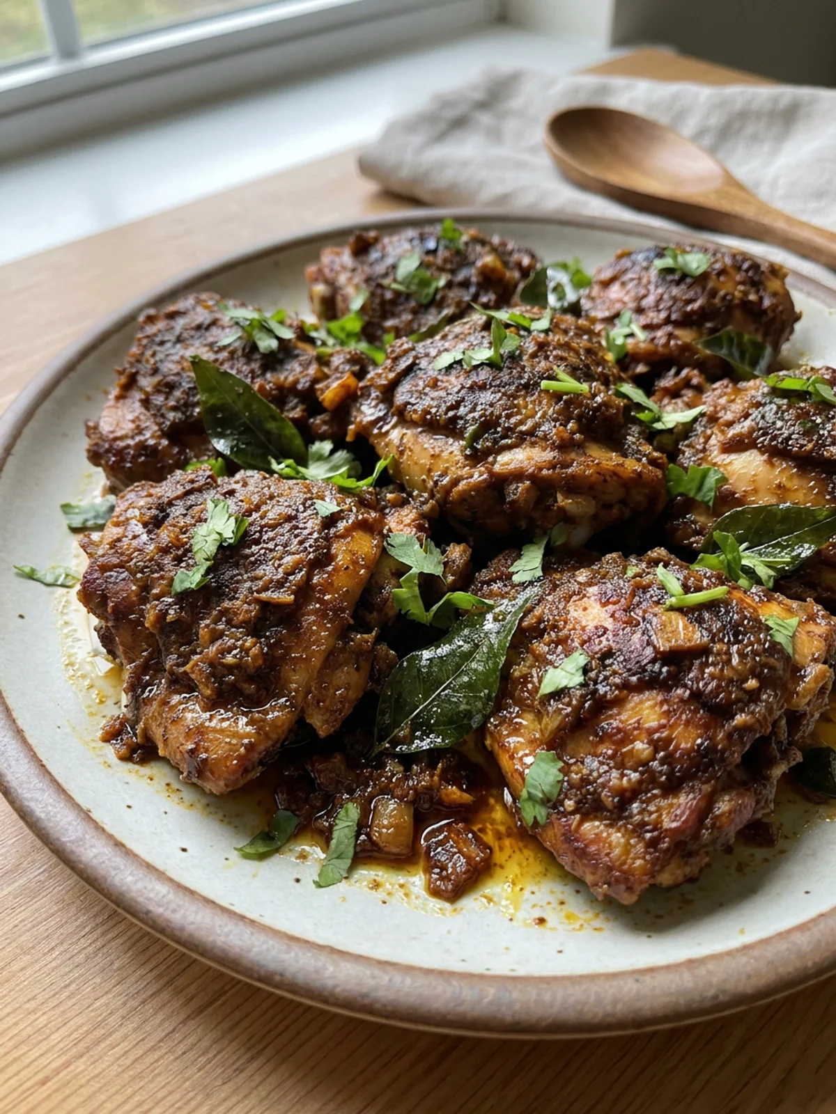 A close-up of chicken chukka in a white ceramic bowl, garnished with cilantro.