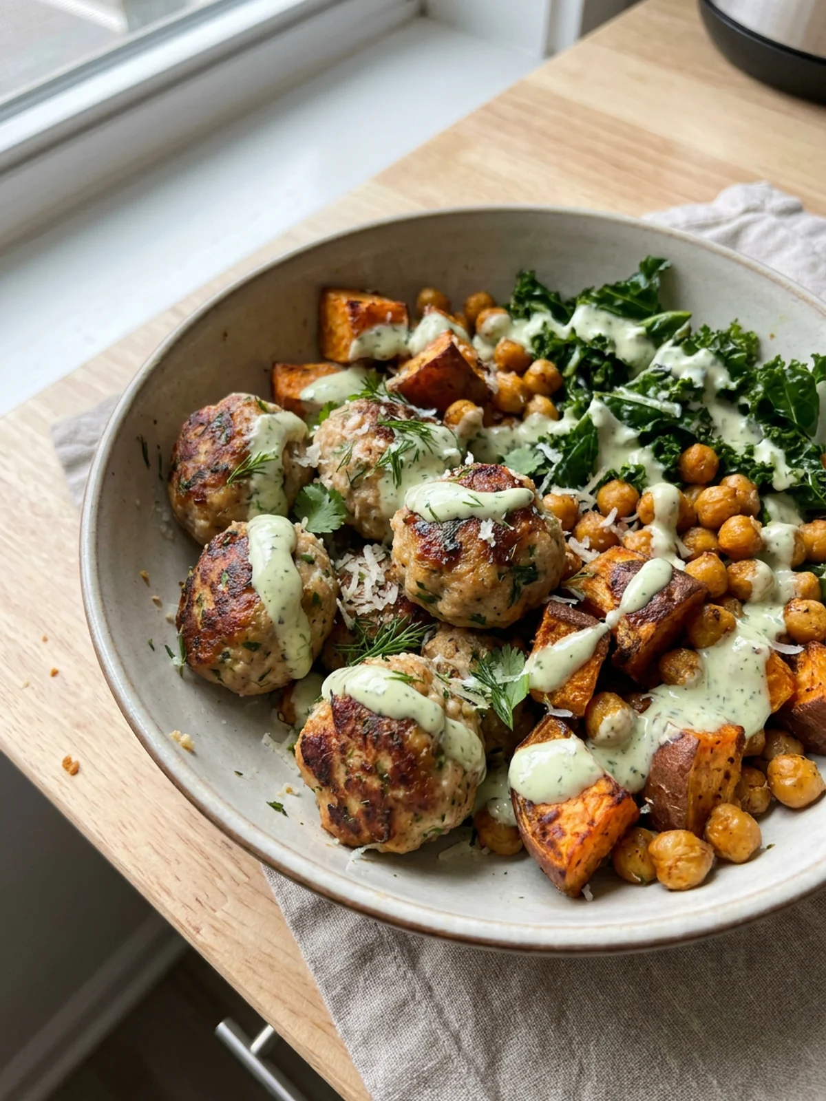 A colorful chicken meatball bowl seen from the side, showing all the layers and textures of the dish.