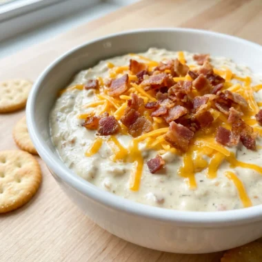 A close-up shot of a bowl of creamy chicken ranch dip topped with bacon.
