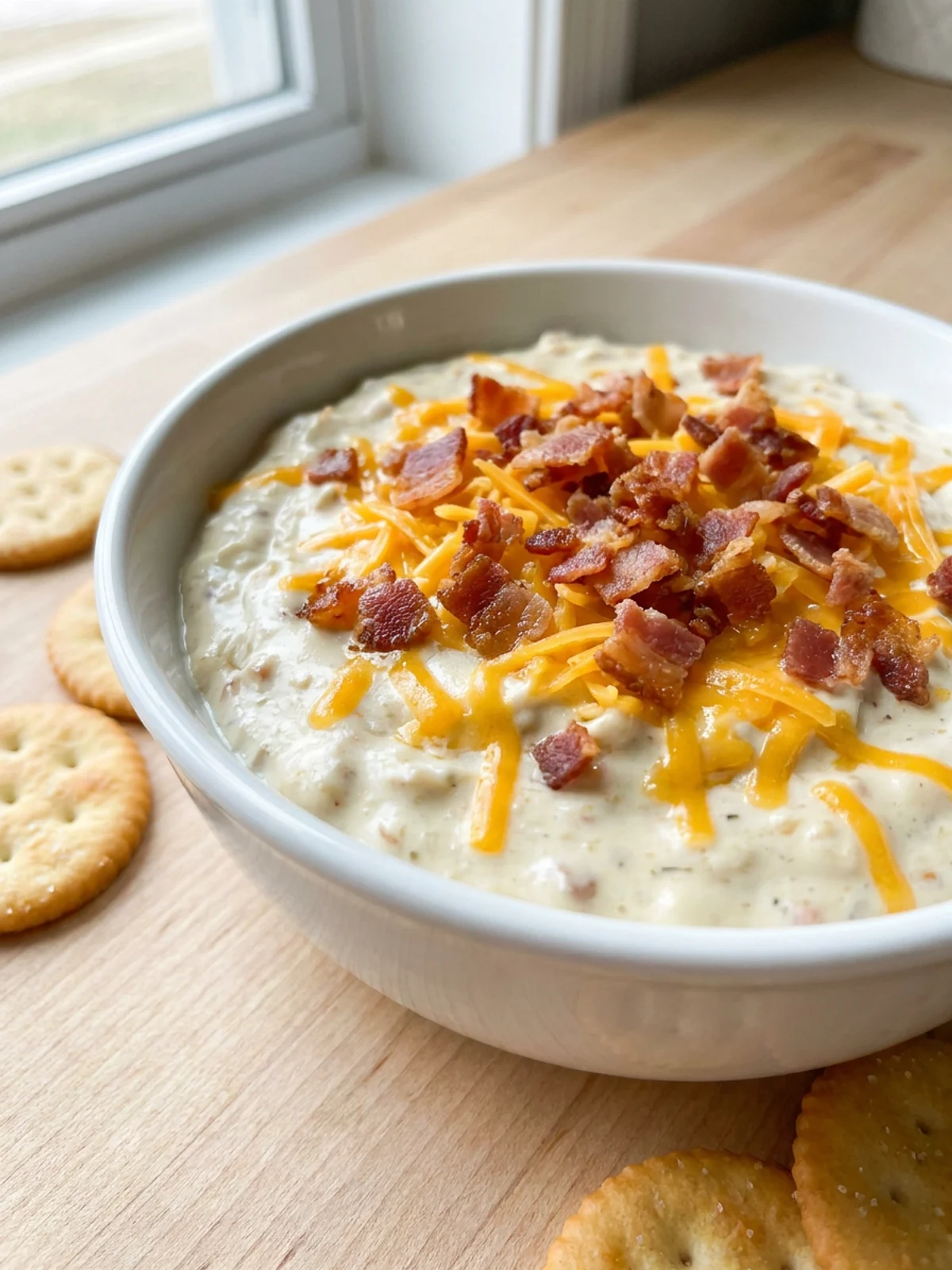 A close-up shot of a bowl of creamy chicken ranch dip topped with bacon.