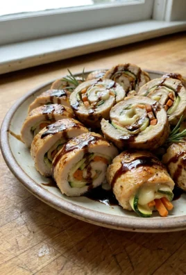 A plated serving of three chicken rollups, one sliced to show the colorful filling.