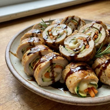A plated serving of three chicken rollups, one sliced to show the colorful filling.