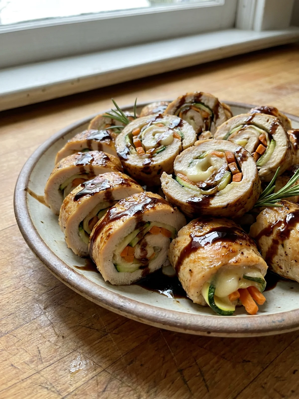 A plated serving of three chicken rollups, one sliced to show the colorful filling.