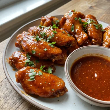 A platter of sauced chicken wings with celery sticks and blue cheese dip.