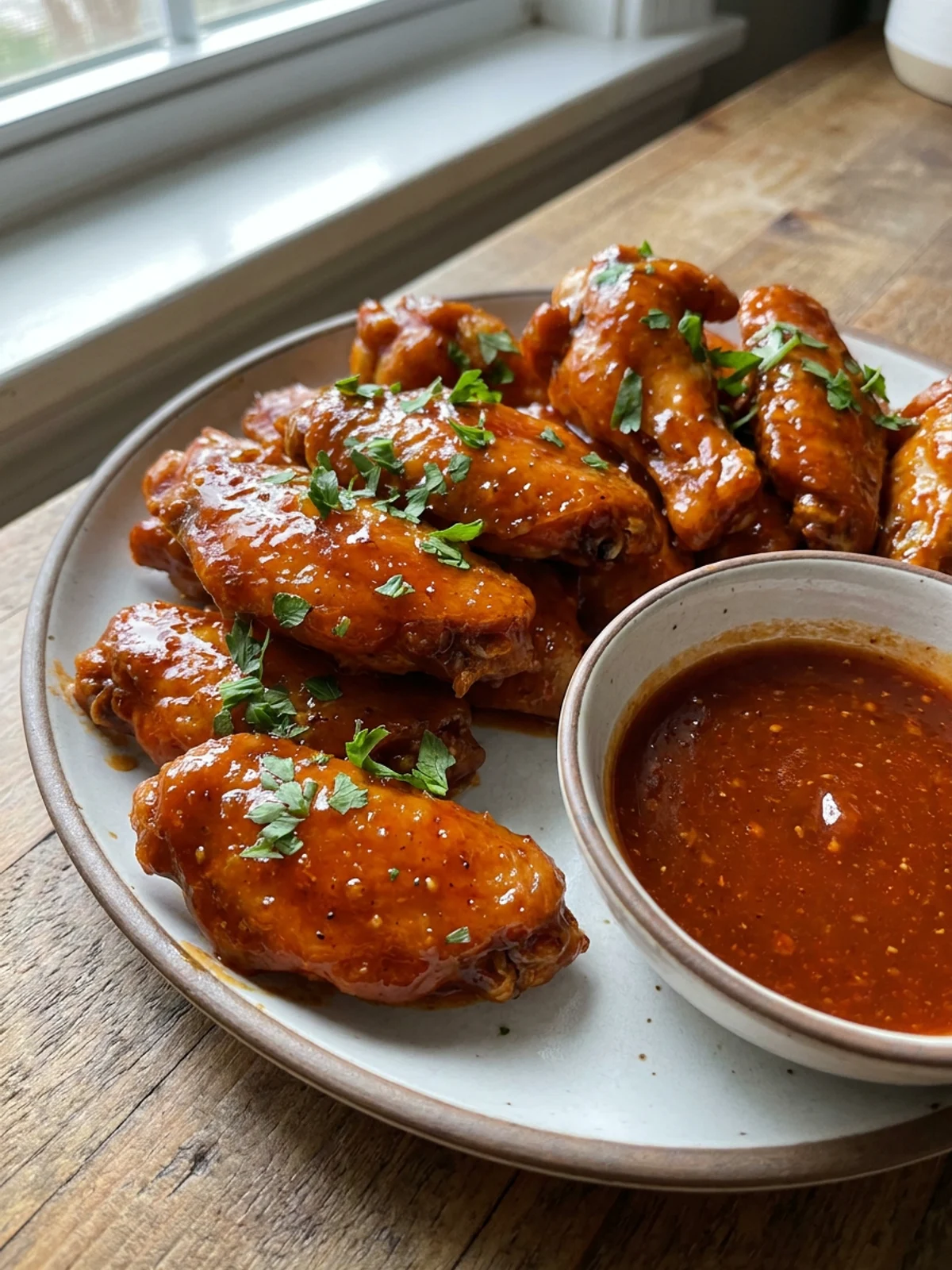 A platter of sauced chicken wings with celery sticks and blue cheese dip.