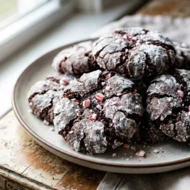 A stack of dark chocolate crinkle cookies with white powdered sugar tops on a white plate.