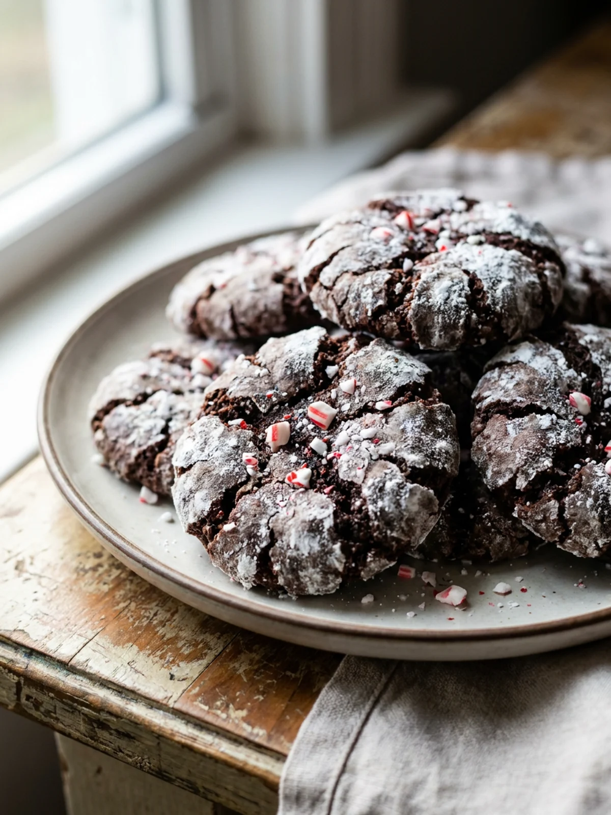 A stack of dark chocolate crinkle cookies with white powdered sugar tops on a white plate.