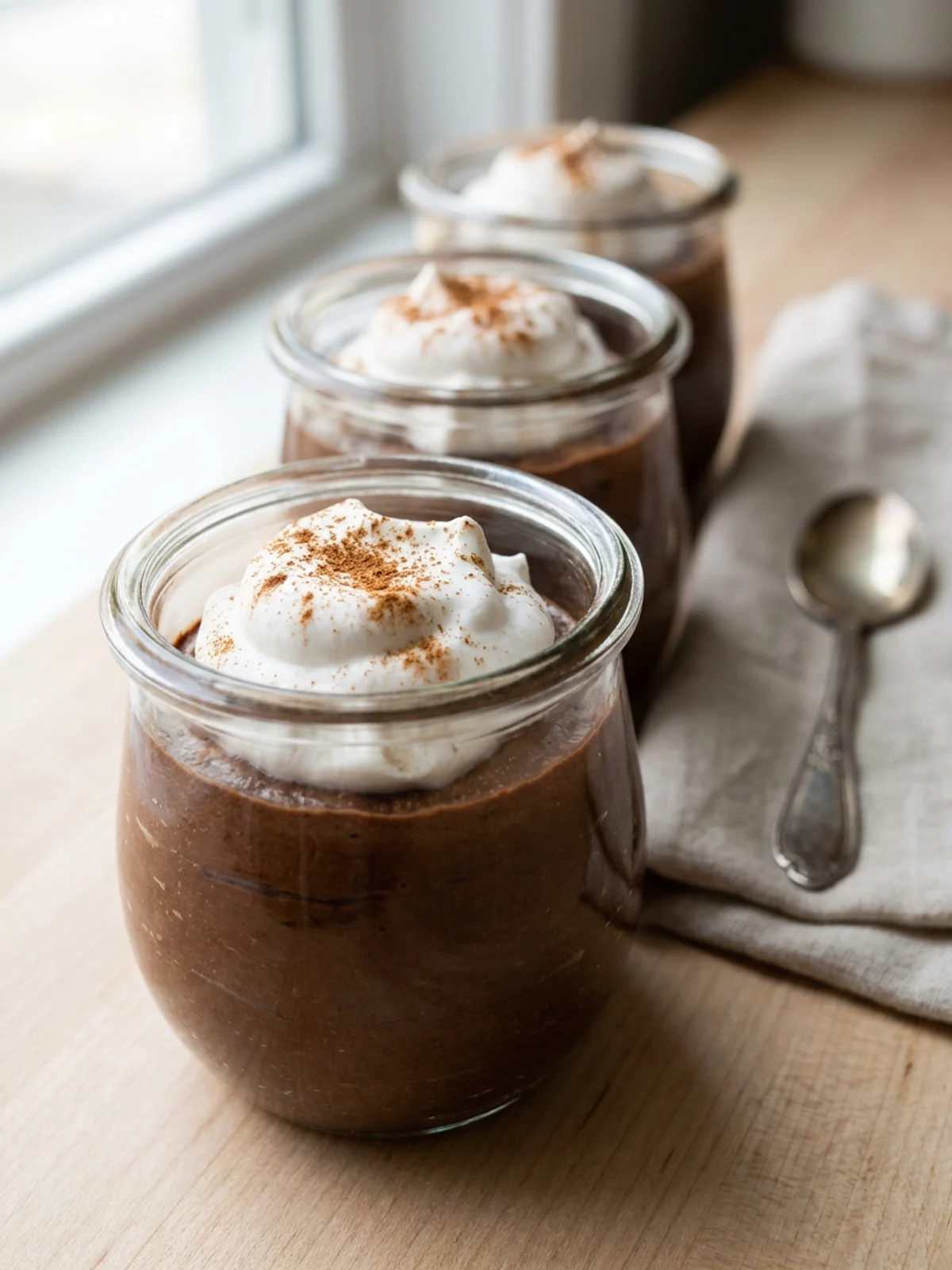Two glass cups filled with dark chocolate pumpkin mousse, topped with a white swirl.