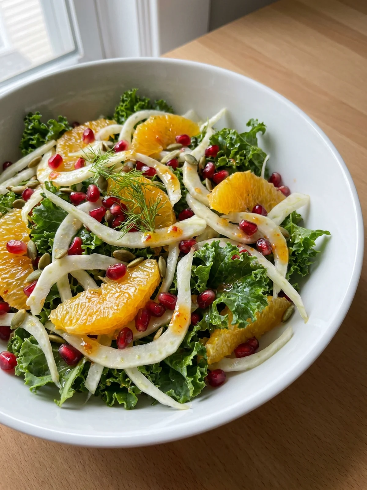 A fork taking a bite of fennel and pomegranate salad from a white plate.
