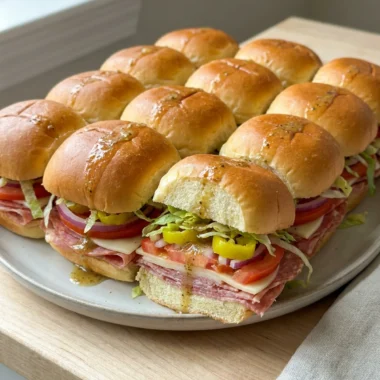 A top-down view of Italian sliders being drizzled with vinaigrette before serving.