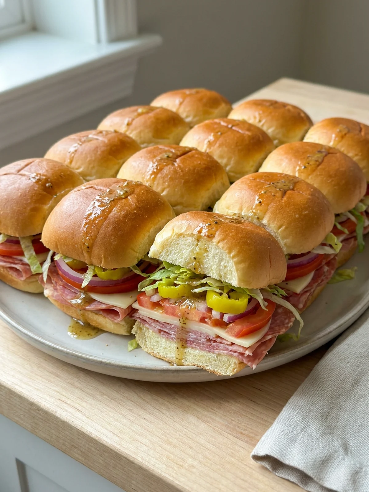 A top-down view of Italian sliders being drizzled with vinaigrette before serving.