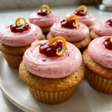 Several cranberry orange cupcakes arranged on a white plate, ready to be served.