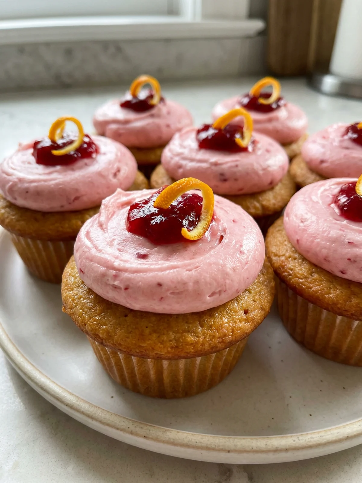 Several cranberry orange cupcakes arranged on a white plate, ready to be served.