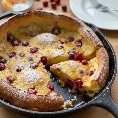 A top-down view of a golden brown, puffy pancake with cranberries in a cast-iron pan.